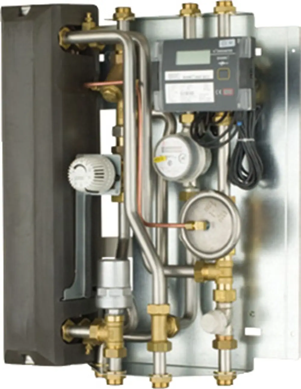 Wärmeübergabestation mit Metallgehäuse und mehreren Anschlussleitungen; geeignet für Heizsysteme, möglicherweise von Bosch.